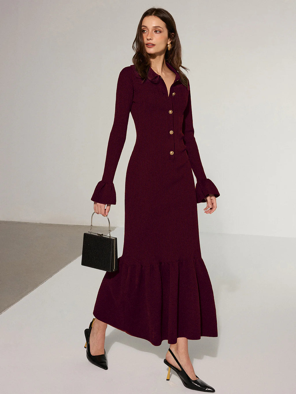 Mermaid Hem Collared Knit Maxi Dress