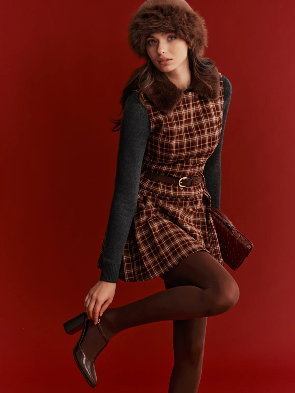 Belted Plaid Sleeveless Mini Dress